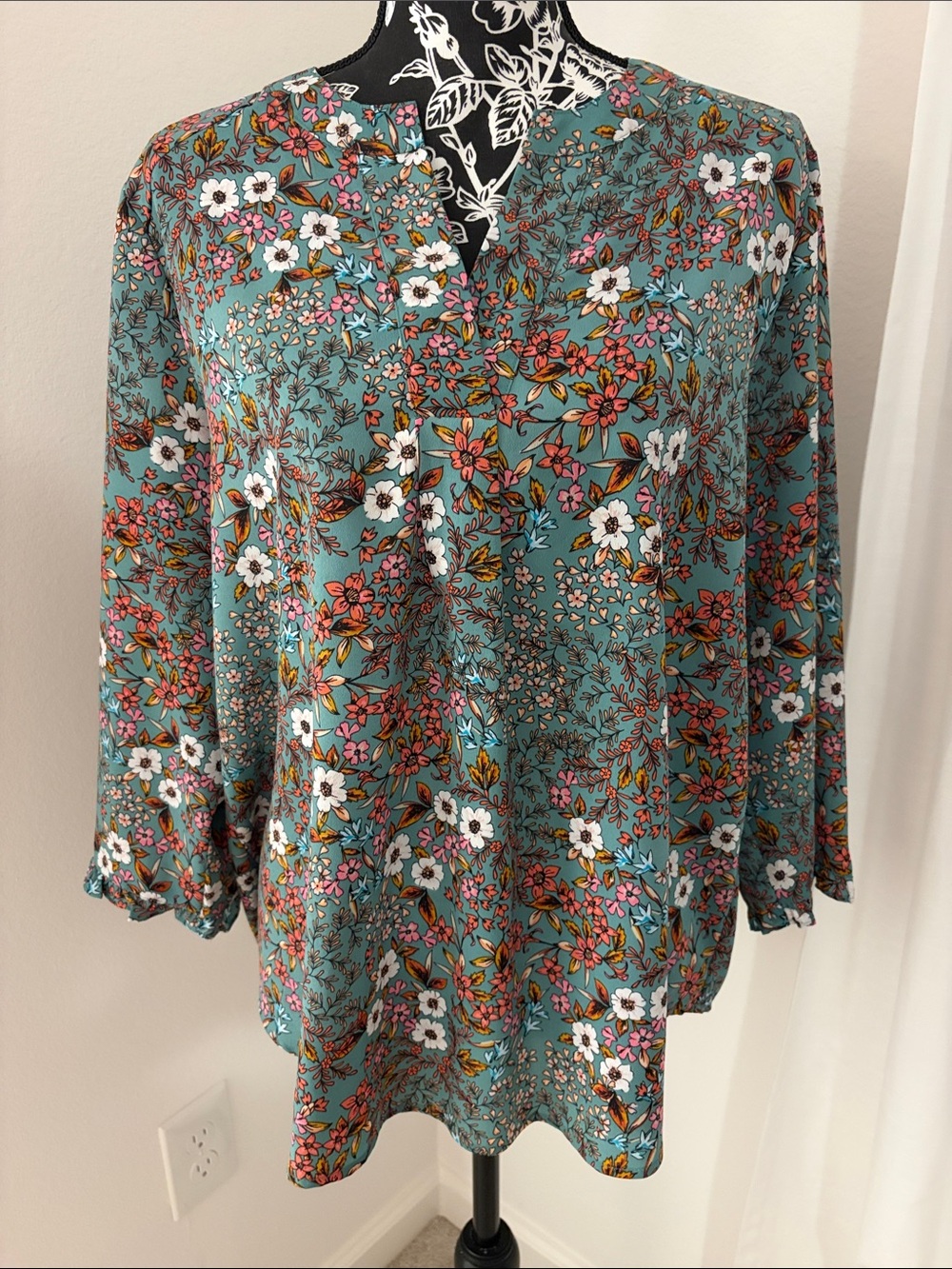 Van Heusen Teal Floral V-Neck Tunic with White and Pink Accents